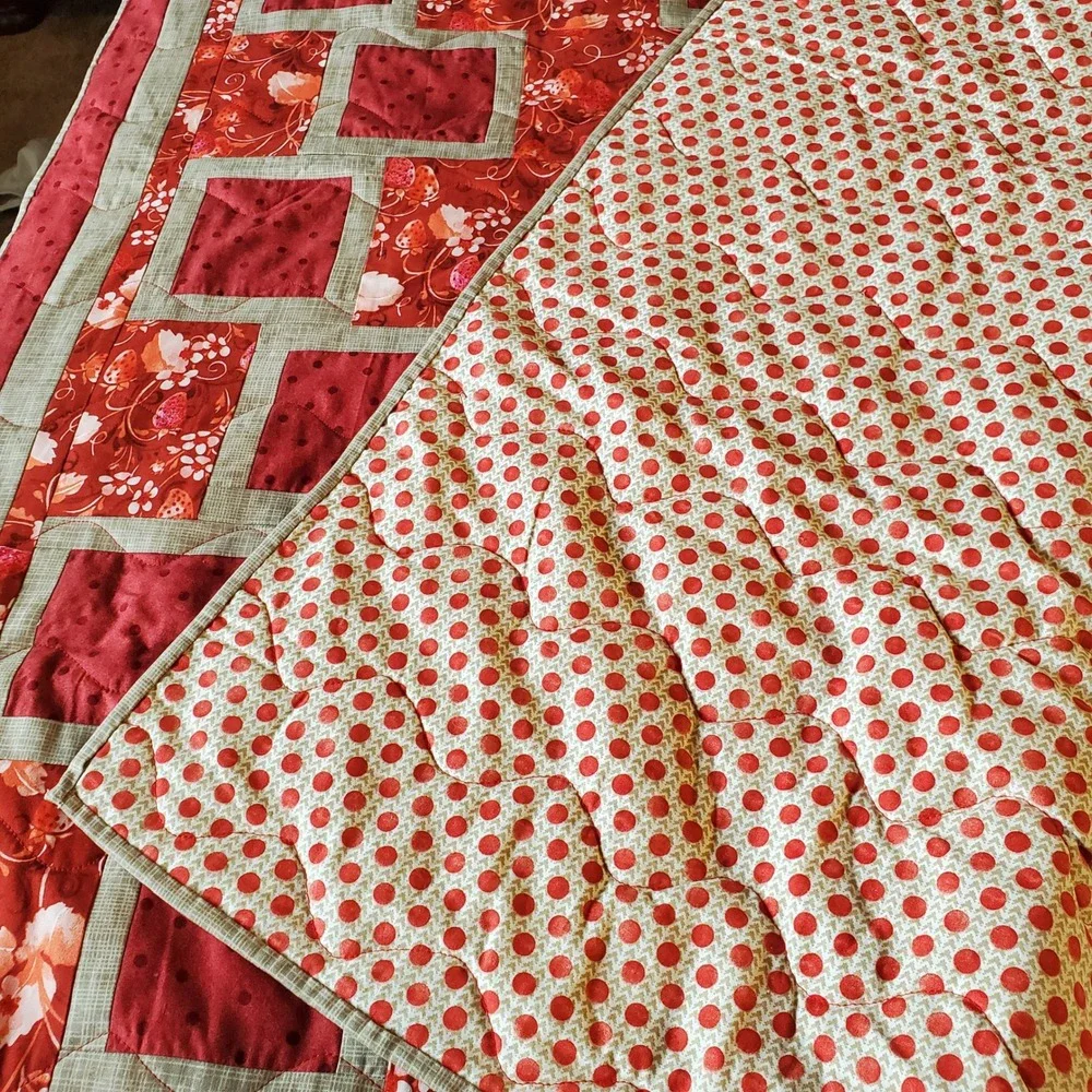 Handmade Strawberry Floral Quilted Throw Blanket Red & Tan lap quilt